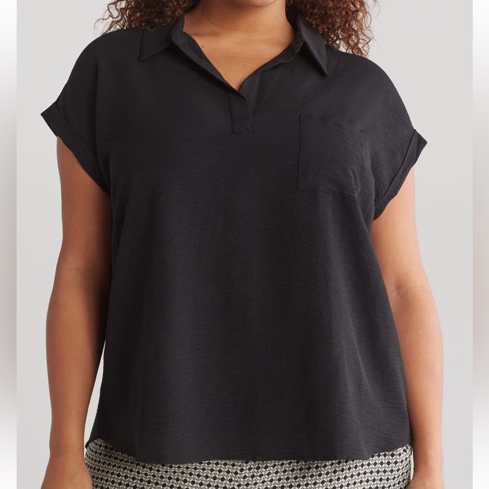 Pleione Crinkle Collared Pullover Blouse Women’s Plus 1X Black Textured Top